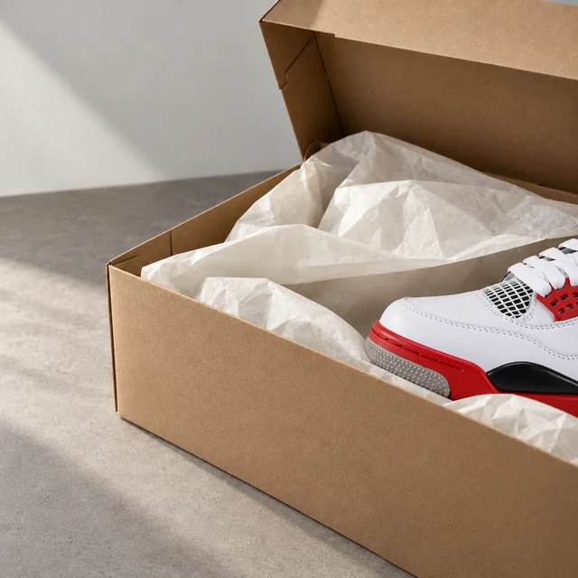 Kraft shipping boxes, packing paper and the corner of a white sneaker